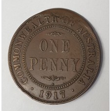AUSTRALIA 1917 . ONE 1 PENNY . ERROR . MIS-STRUCK IN AN ODD SHAPE